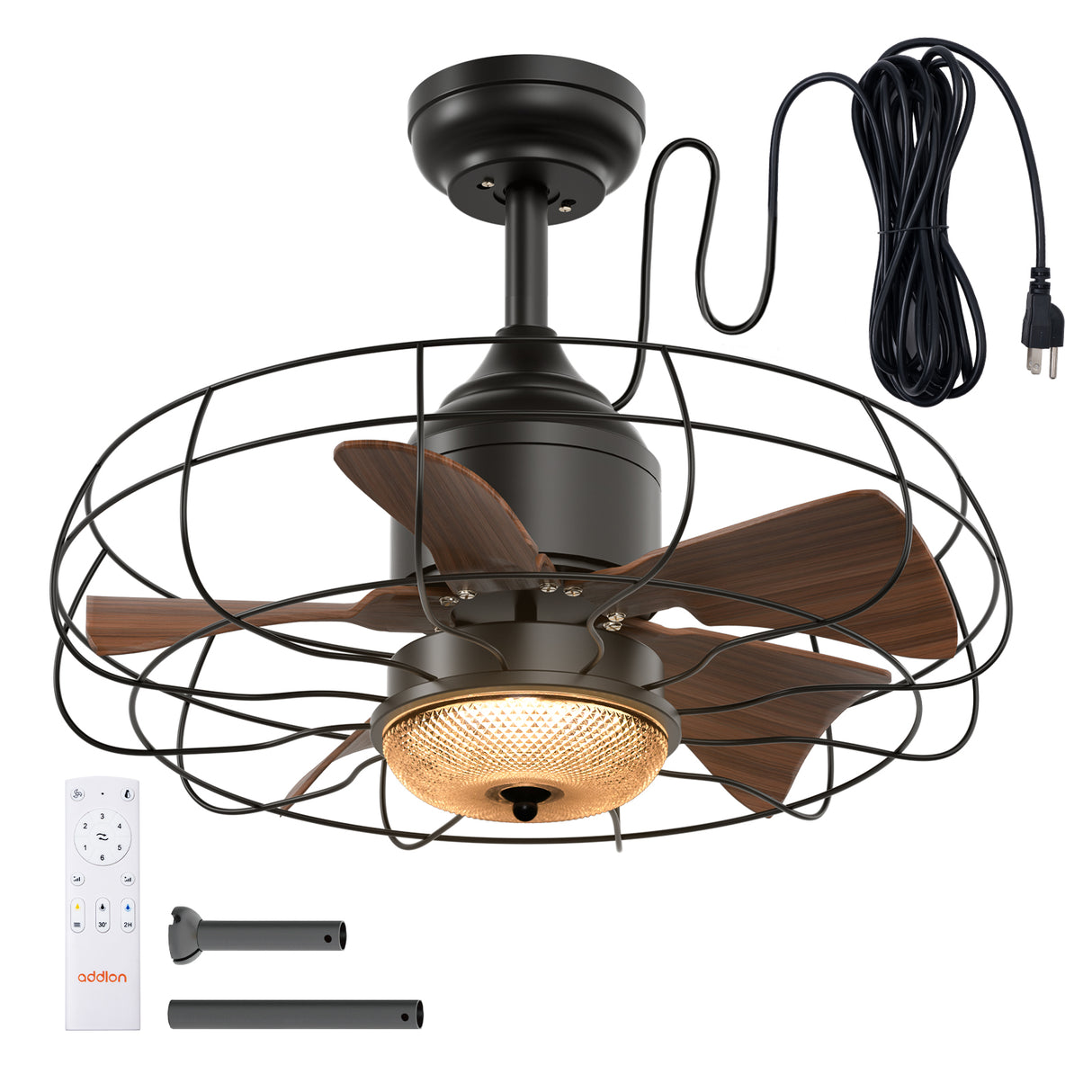 Addlon Outdoor Ceiling Fans with Lights for Patios, 20 inch Wet Rated Black Gazebo Fan with Remote, 6 Speeds, 3CCT Dimmable, Noiseless, Reversible, Plug in Caged Ceiling Fan for Pergola Canopy