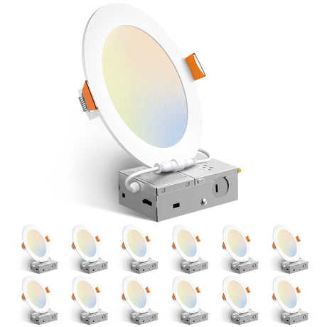 6 Pack 6 Inch 5CCT Ultra-Thin LED Recessed Ceiling Light with Junction Box, Dimmable Canless Wafer Downlight, 12W, 1050LM Brightness, ETL&FCC