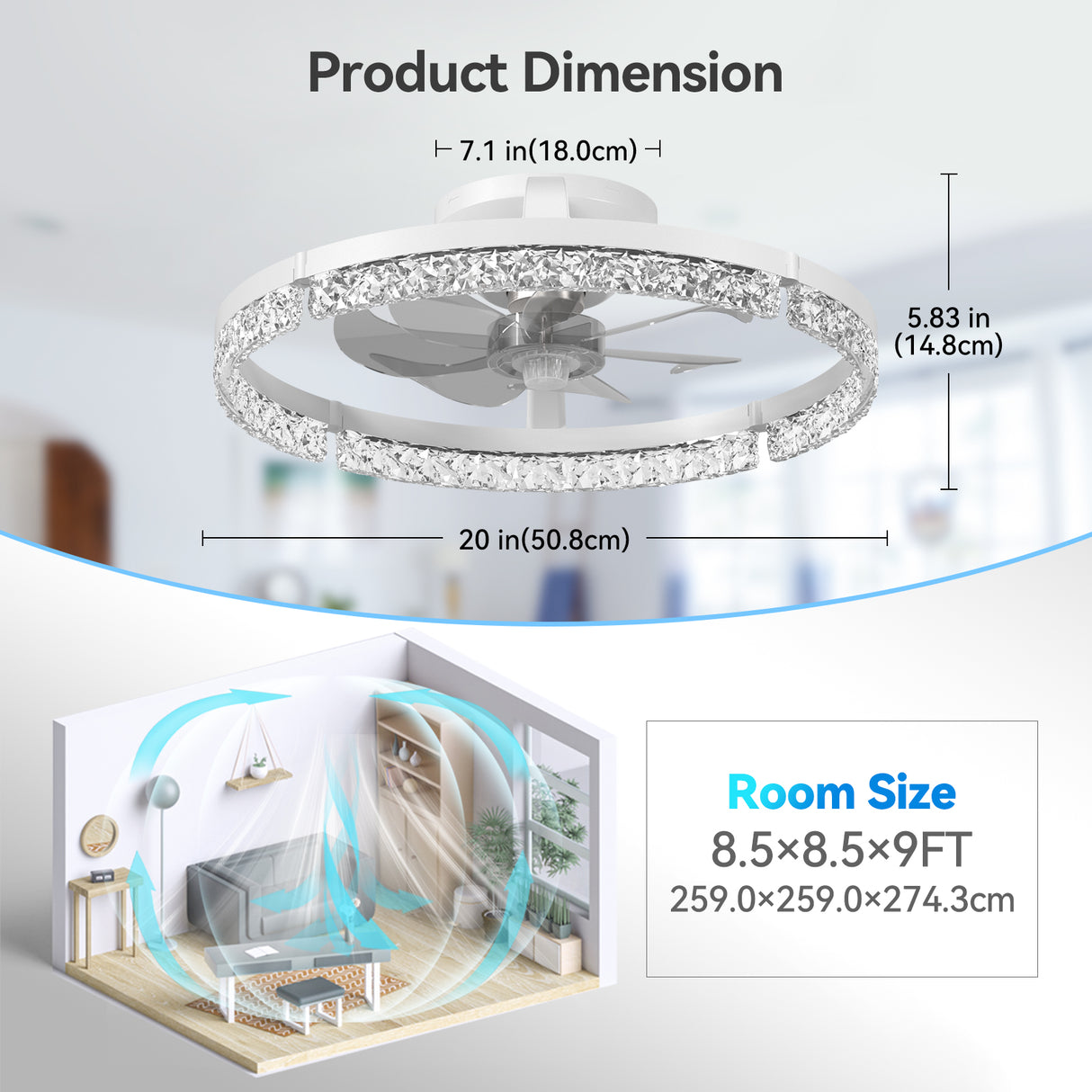 Ceiling Fans with Lights and Remote, 20'' Low Profile Ceiling Fans, 3000-6000K Dimmable Modern Flush Mount LED Fan Light, Fandelier Ceiling Fan for Bedroom, Kitchen, Living Room, White