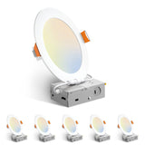 6 Pack 6 Inch 5CCT Ultra-Thin LED Recessed Ceiling Light with Junction Box, Dimmable Canless Wafer Downlight, 12W, 1050LM Brightness, ETL&FCC