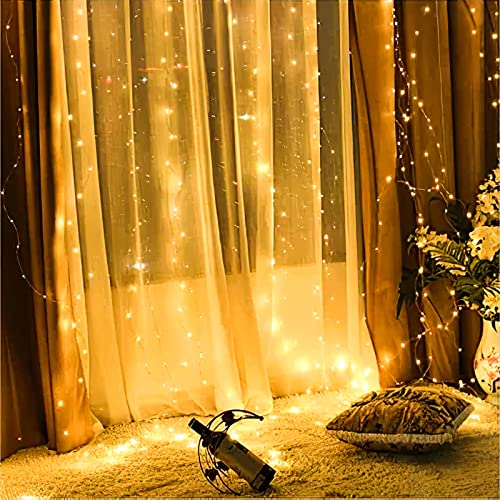 addlon 2 Pack Curtain Lights, Warm White Fairy String Lights with 8 Lighting Models Remote Control, USB Plug, 200 LED for Backdrop, Bedroom, Wedding, Party, Christmas